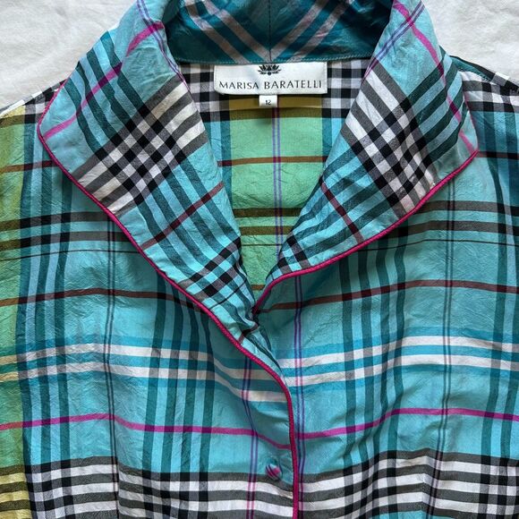 Marisa Baratelli 100% Thai Silk Tie Bow Waist Jacket Top Blouse Size 12 Plaid - Picture 3 of 14